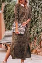 Load image into Gallery viewer, Round Neck Leopard Print Long Sleeve Slit Dress